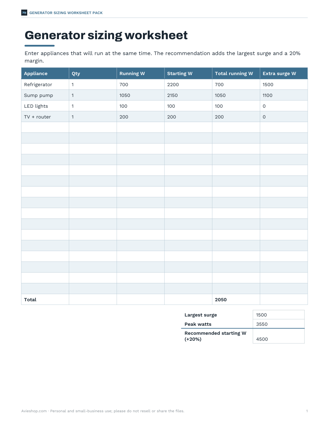 Preview of the first page of Generator sizing workbook