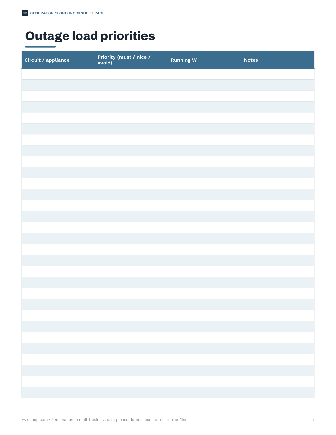 Preview of the first page of Load priority planner