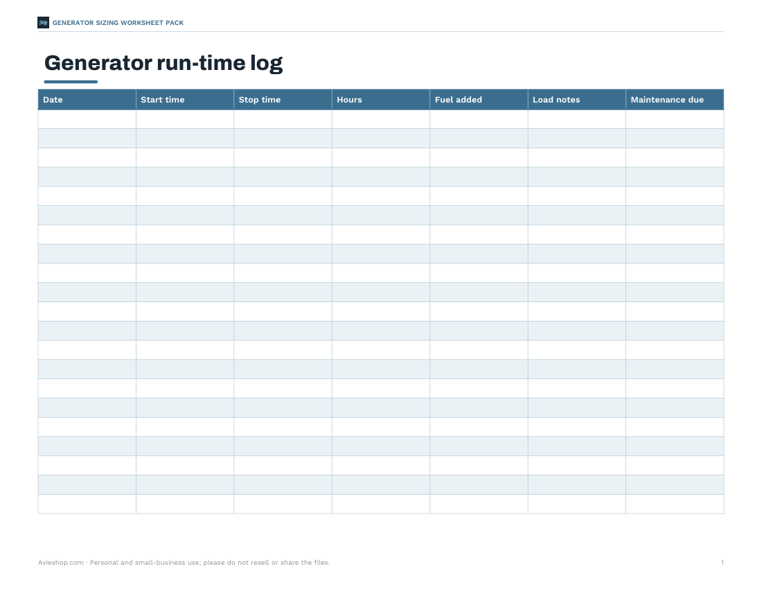 Preview of the first page of Fuel & run-time log