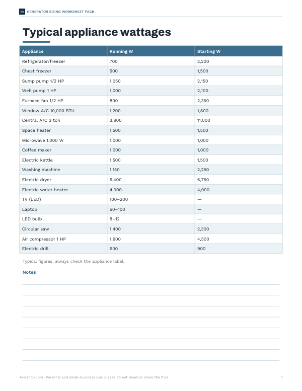 Preview of Printable Appliance Wattage Chart