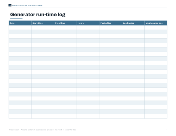 Preview of Printable Generator Run-Time Log