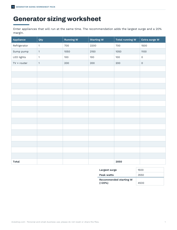 Preview of Printable Generator Wattage Estimator