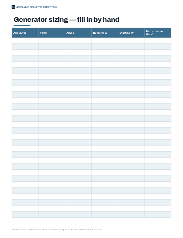 Preview of Printable Generator Sizing Worksheet