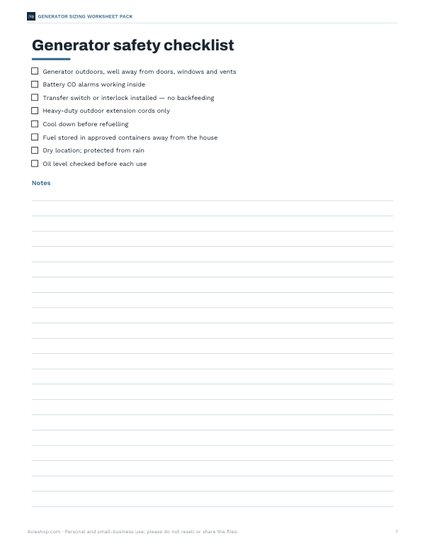 Preview of Printable Generator Safety Checklist